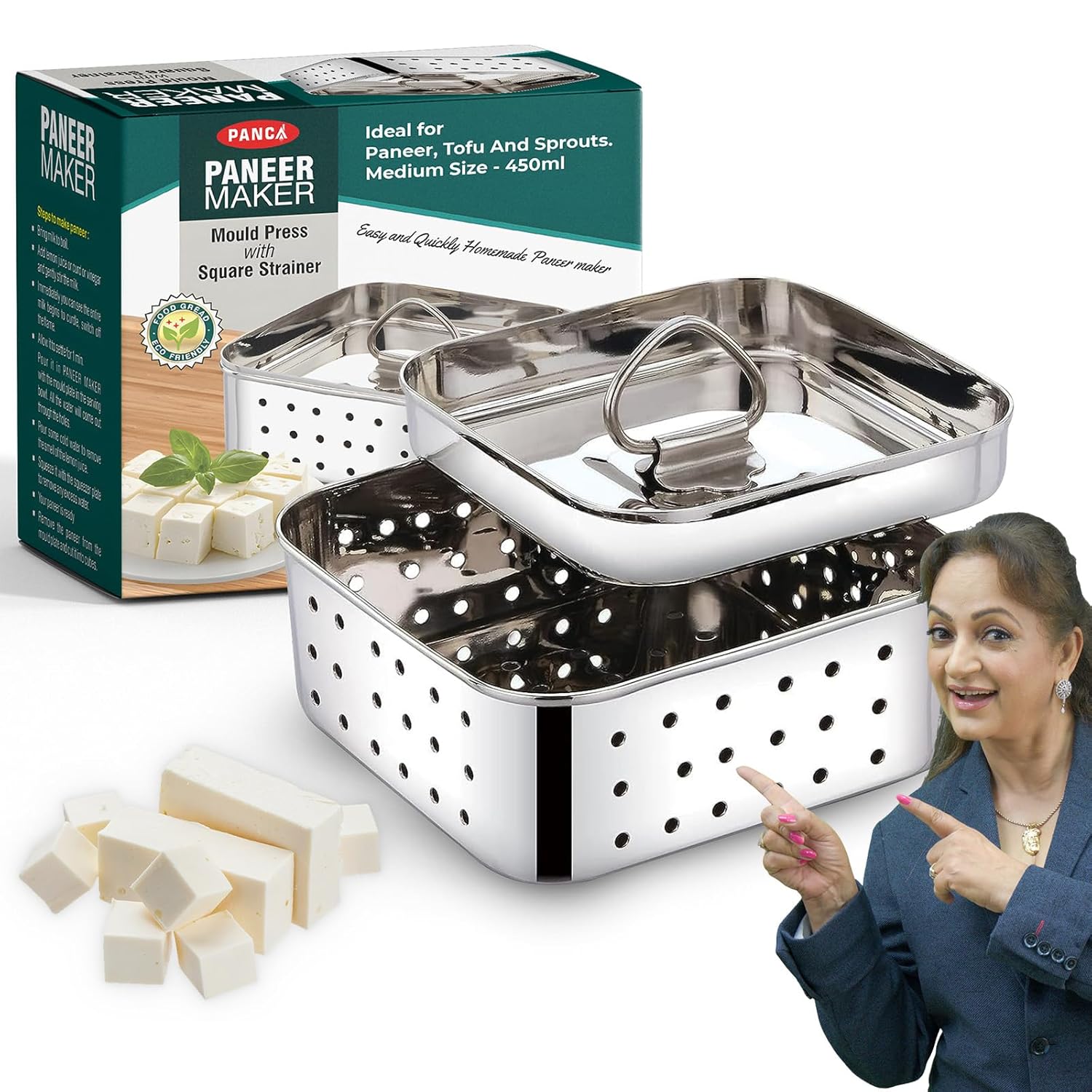 Paneer Maker Mould with Lid Stainless Steel  | Paneer Press & Tofu Press for Homemade Paneer, Tofu & Cheese Making | 450ml Square Mould