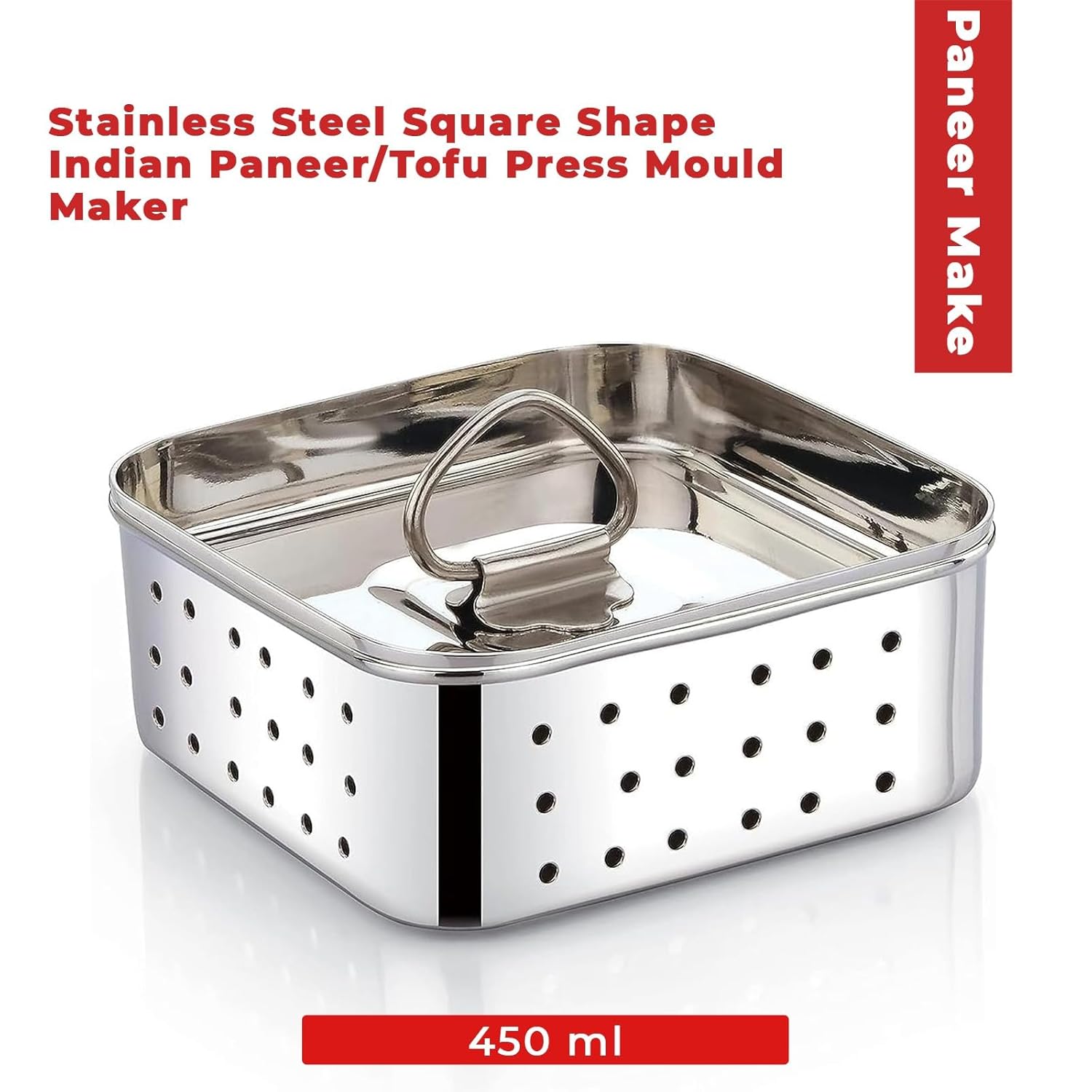 Paneer Maker Mould with Lid Stainless Steel  | Paneer Press & Tofu Press for Homemade Paneer, Tofu & Cheese Making | 450ml Square Mould