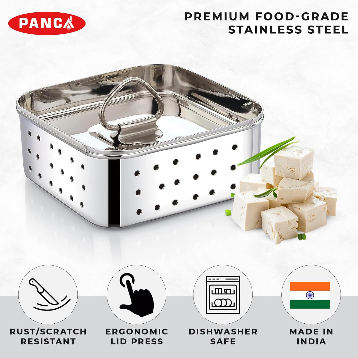 Paneer Maker Mould with Lid Stainless Steel  | Paneer Press & Tofu Press for Homemade Paneer, Tofu & Cheese Making | 450ml Square Mould