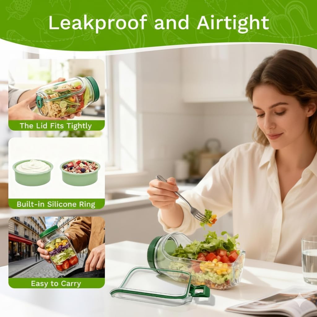 Salad Container with Dressing Cup, Reusable Meal Prep Salad Jar, Leakproof Lunch Food Storage Container for Work, Travel Fruit, Grain Bowls