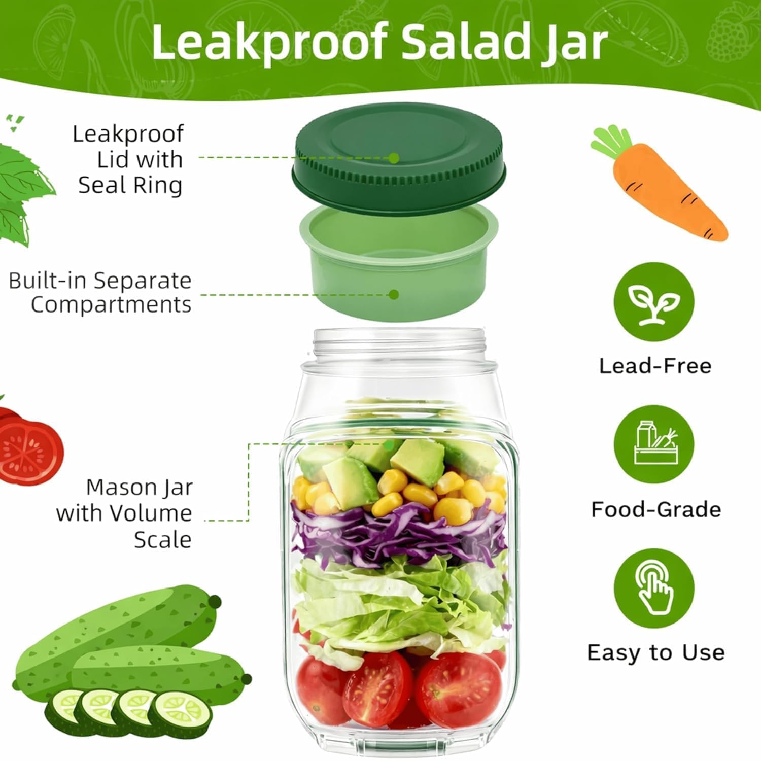 Salad Container with Dressing Cup, Reusable Meal Prep Salad Jar, Leakproof Lunch Food Storage Container for Work, Travel Fruit, Grain Bowls