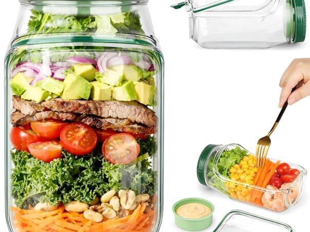 Salad Container with Dressing Cup, Reusable Meal Prep Salad Jar, Leakproof Lunch Food Storage Container for Work, Travel Fruit, Grain Bowls