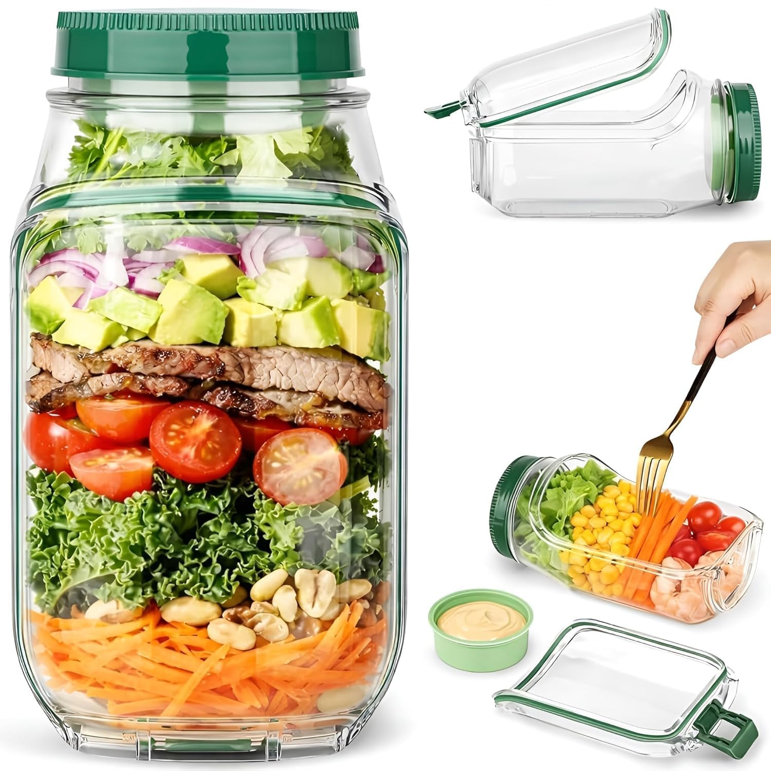 Salad Container with Dressing Cup, Reusable Meal Prep Salad Jar, Leakproof Lunch Food Storage Container for Work, Travel Fruit, Grain Bowls